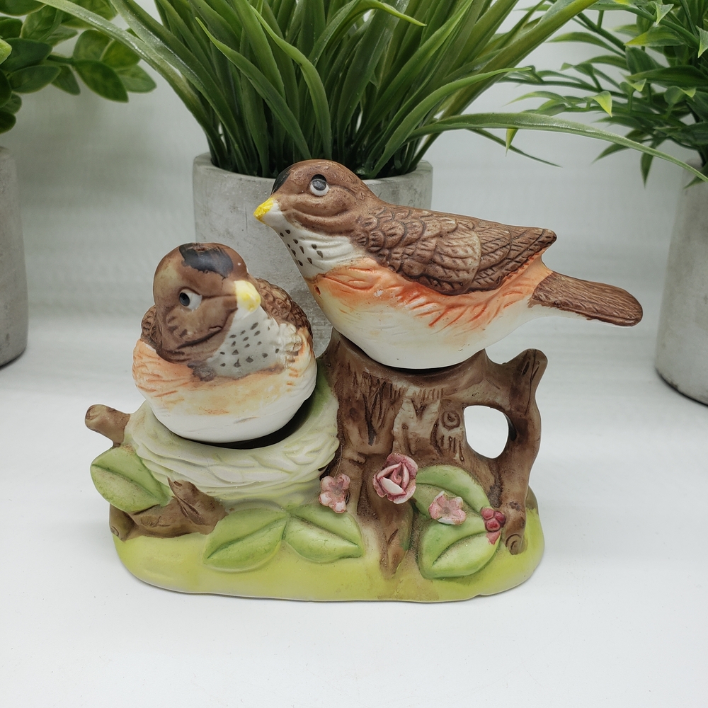 Brown Red Vintage Robin Bird Ceramic Bisque Salt & Pepper Shaker Set w/Stoppers